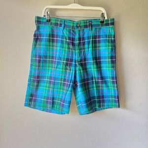 IZOD Mens Plaid Flat Front Shorts Blue Green Cotton Size 34 Preppy Summer Casual